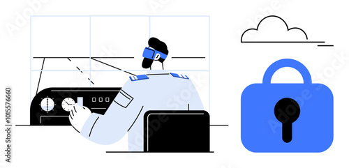 Pilot in uniform seated at control panel operating aircraft controls with a blue padlock symbol representing security and cloud storage symbol. Ideal for aviation, cybersecurity, cloud technology