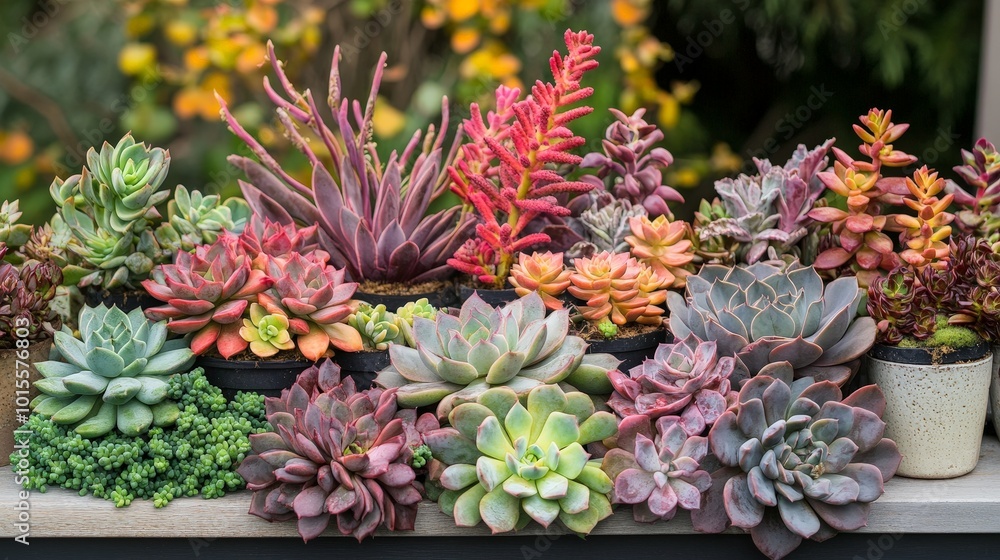 A group of succulents arranged together on a table, each plant displaying different colors and forms
