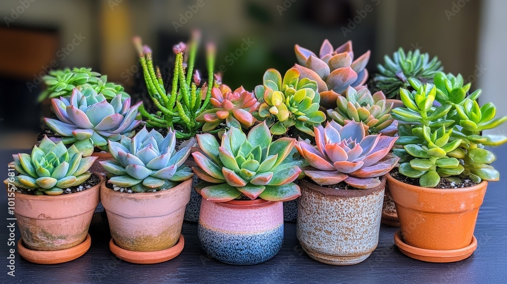 A group of succulents arranged together on a table, each plant displaying different colors and forms A group of succulents arranged together on a table, each plant displaying different colors and forms