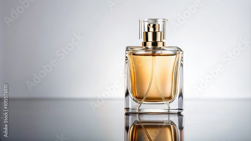 Glass bottle of perfume on white background with shallow depth of field