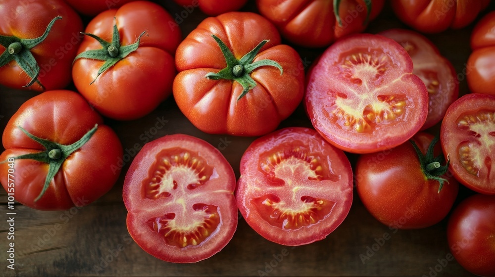 A group of tomatoes, some whole and others sliced to show the juicy interior A group of tomatoes, some whole and others sliced to show the juicy interior
