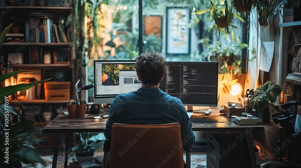 Man Working on Code and Image Editing in a Home Office Man Working on Code and Image Editing in a Home Office