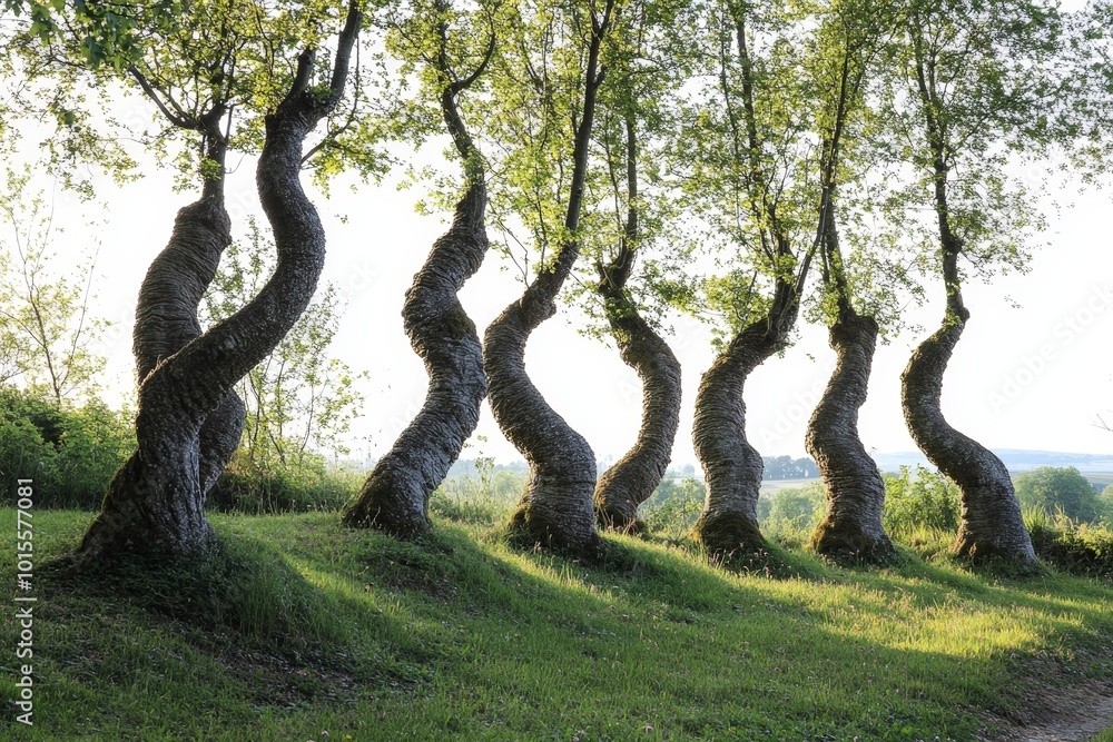 A group of trees with unusual, contorted shapes, each one forming a living sculpture in nature A group of trees with unusual, contorted shapes, each one forming a living sculpture in nature