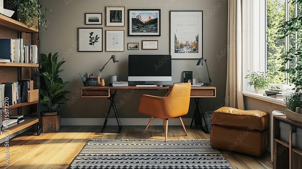 A modern home office with a desk, a computer, a chair, and a window view A modern home office with a desk, a computer, a chair, and a window view
