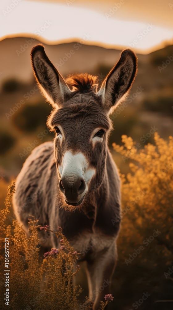 Cinematic Donkey in Natural Landscape at Sunset Wildlife Photography