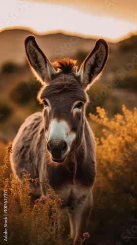 Cinematic Donkey in Natural Landscape at Sunset Wildlife Photography