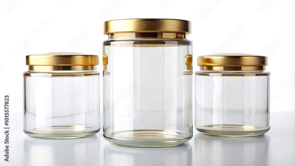Glass canisters with gold trim and white labels on white background macro Glass canisters with gold trim and white labels on white background macro