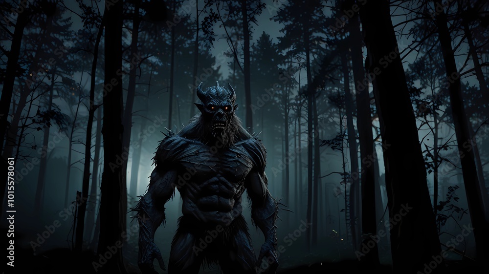 An ugly monster stands under the moonlight in a dark forest. An ugly monster stands under the moonlight in a dark forest.