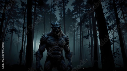 An ugly monster stands under the moonlight in a dark forest.