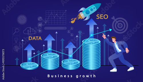 Concept of digital marketing and business growth. A man with a financial graph made of coins, showing success from data and SEO strategy. Vector for profit and investment growth.