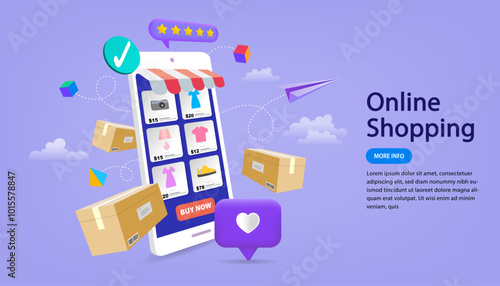 Online shopping and e-commerce concept. A smartphone as a digital store with fashion products, with delivery boxes and like icons representing a successful purchase, shipping, customer satisfaction.