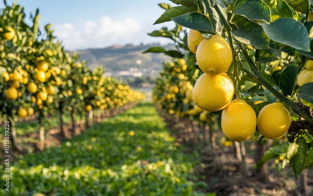 A lemon orchard in the countryside, the trees filled with ripe lemons ready for harvest A lemon orchard in the countryside, the trees filled with ripe lemons ready for harvest