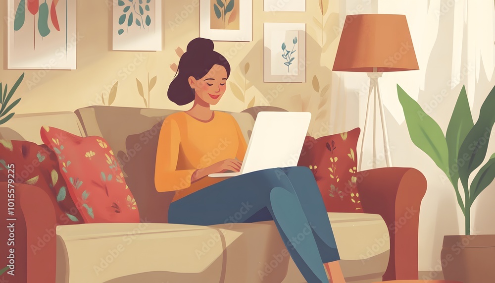 Woman Using Laptop on a Couch in a Cozy Room Woman Using Laptop on a Couch in a Cozy Room