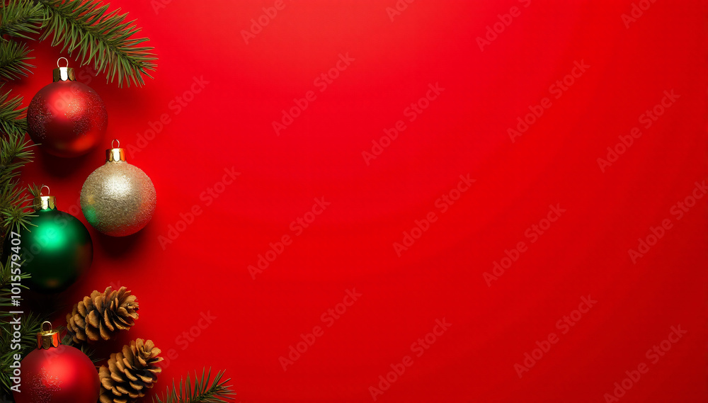 Christmas Tree Ornaments and Pine Cones on a Red Background Christmas Tree Ornaments and Pine Cones on a Red Background