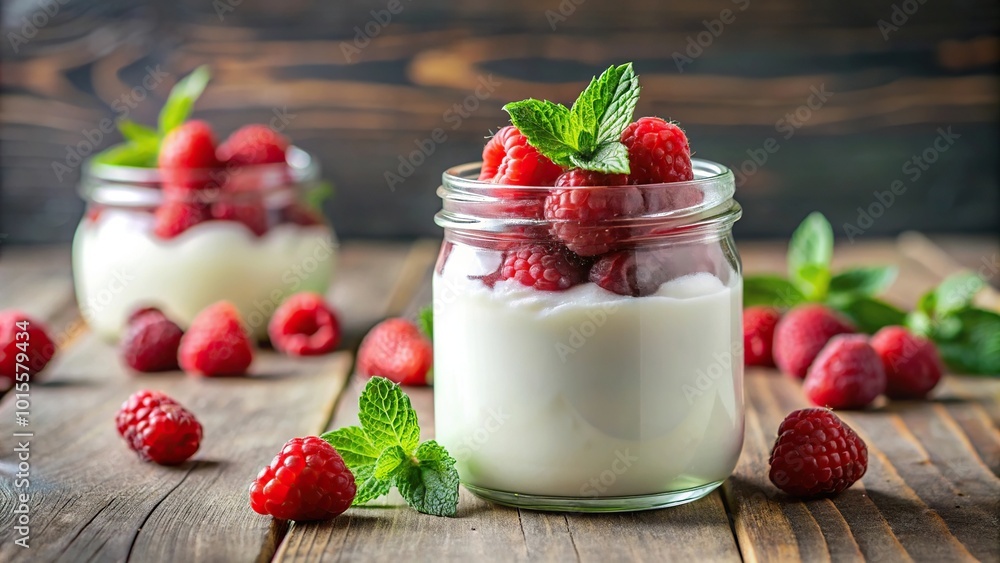 Glass jar filled with yogurt topped with fresh raspberries Glass jar filled with yogurt topped with fresh raspberries