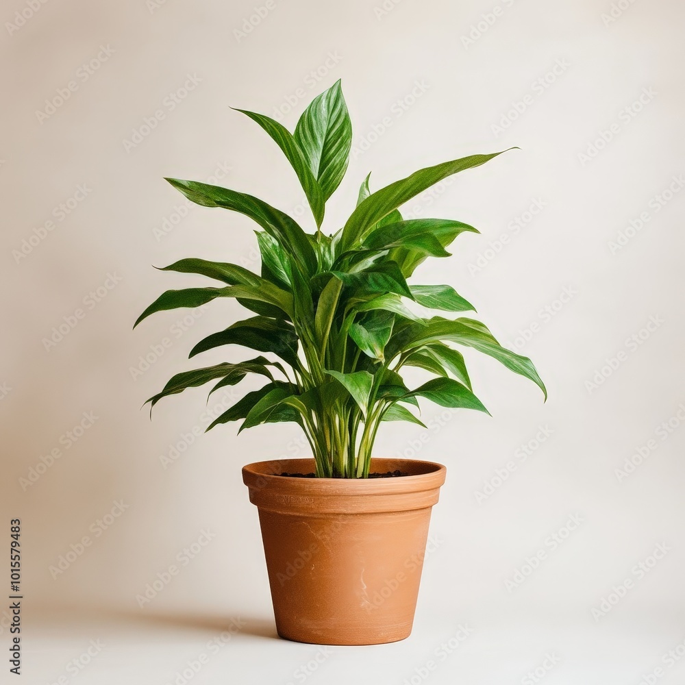 A lush green plant growing in a simple terracotta pot, radiating freshness and life A lush green plant growing in a simple terracotta pot, radiating freshness and life