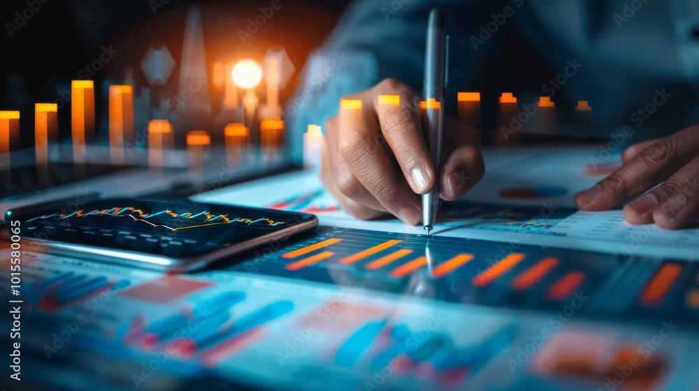Fototapeta premium Stock market analysis, business, finance and investment. Finance analyst analyzing stock market trading graph, economic growth chart, planning and strategy, business investment with financial report