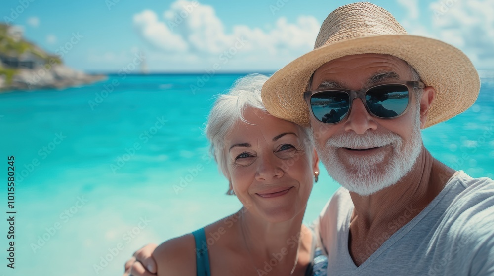good-looking senior couple tourist. Enjoy free time outdoors near the sea on the beach. Looking at the camera while relaxing on a clear day Poses for travel selfies smiling happy tropical. good-looking senior couple tourist. Enjoy free time outdoors near the sea on the beach. Looking at the camera while relaxing on a clear day Poses for travel selfies smiling happy tropical.