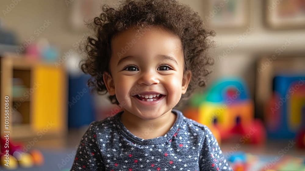 A Toddler with Curly Hair Smiles in a Playroom A Toddler with Curly Hair Smiles in a Playroom