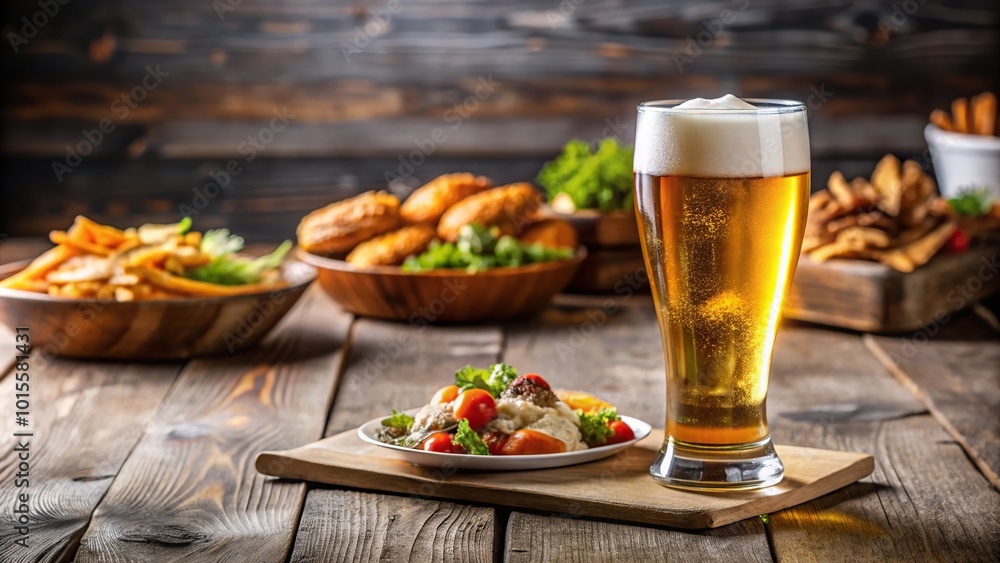 Glass of cold beer with appetizer catering menu Glass of cold beer with appetizer catering menu