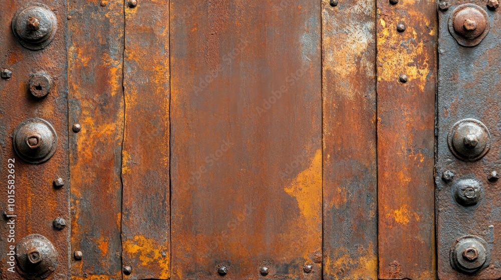 A weathered metal door with rust and rivets, suggesting age and industrial design. A weathered metal door with rust and rivets, suggesting age and industrial design.