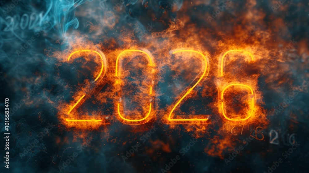 A fiery neon 2026 illuminated with orange flames, surrounded by smoky textures. This intense image captures a bold and energetic future concept with high-contrast lighting effects. A fiery neon 2026 illuminated with orange flames, surrounded by smoky textures. This intense image captures a bold and energetic future concept with high-contrast lighting effects.