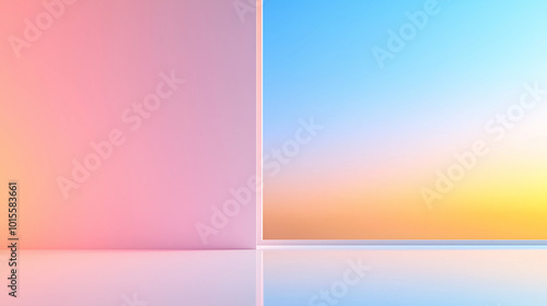 Abstract white and colored gradient glasses interior with window. 3D illustration and rendering.