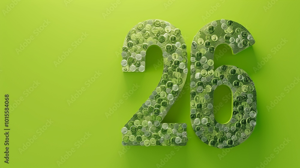 A visually captivating number 26 constructed from translucent green bubbles, set on a lime green background. The bubbles add a playful texture and depth, making this image ideal for creative projects A visually captivating number 26 constructed from translucent green bubbles, set on a lime green background. The bubbles add a playful texture and depth, making this image ideal for creative projects