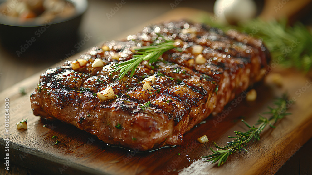 closeup of a delicious grilled steak with rosemary and garlic on wooden cutting board