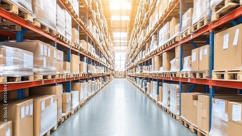 A spacious warehouse interior filled with neatly stacked pallets, boxes, and crates, with sunlight streaming through large windows. --chaos 70 A spacious warehouse interior filled with neatly stacked pallets, boxes, and crates, with sunlight streaming through large windows. --chaos 70