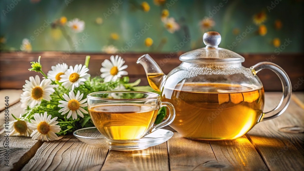 Glass teapot and cup filled with chamomile tea on a table Glass teapot and cup filled with chamomile tea on a table