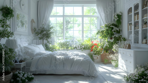 White Bedroom with Window View - 3D Illustration