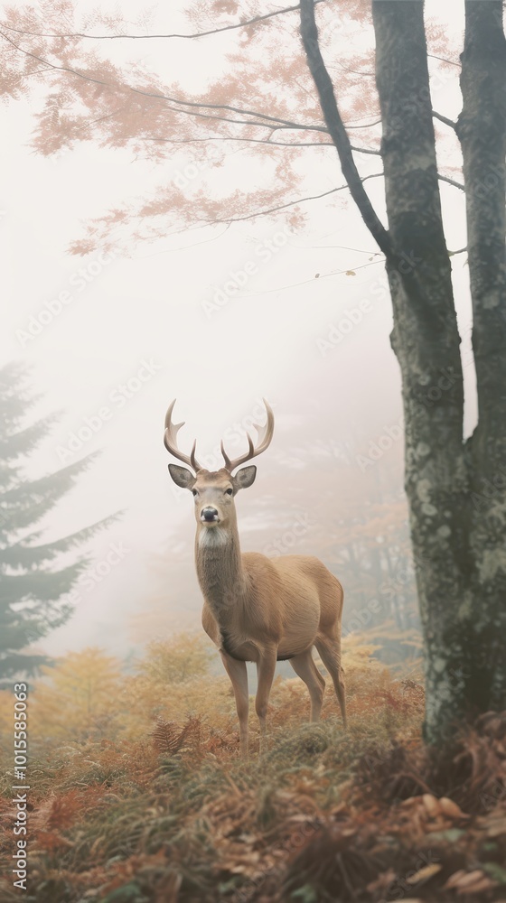 Majestic Deer in a Foggy Forest Path, Cinematic Wildlife Scene Majestic Deer in a Foggy Forest Path, Cinematic Wildlife Scene