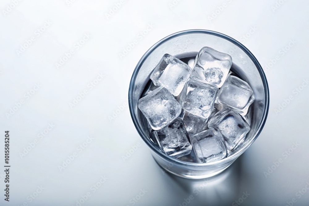 glass with ice cubes on white background aerial view glass with ice cubes on white background aerial view