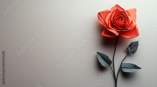 A Red Rose Made Out Origami, Symbol For Valentine's Day, Love And Happiness, Valentines Day Makes Everybody Special. photo