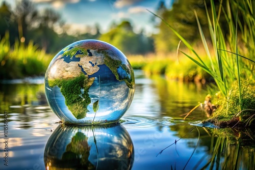 Globe in water with grass and trees in background at tilted angle