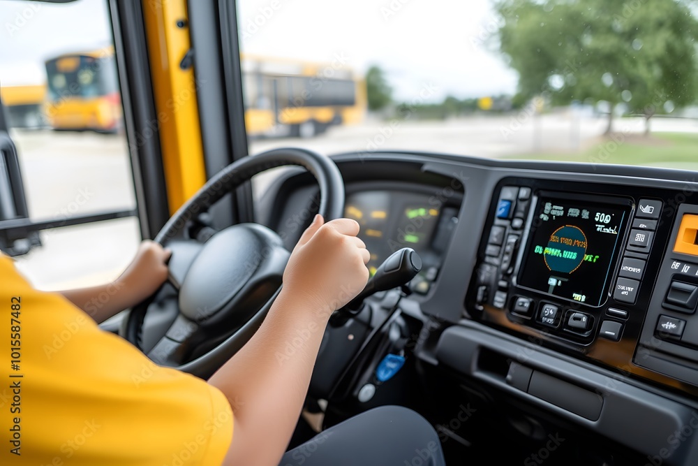 Close up of a bus driver's hands on the steering wheel, driving a yellow school bus. Close up of a bus driver's hands on the steering wheel, driving a yellow school bus.