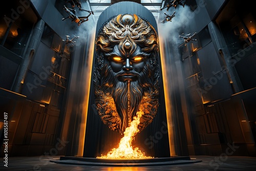 Futuristic Ravana effigy burning in a technologically advanced setting, with drones and holographic displays enhancing the celebration
