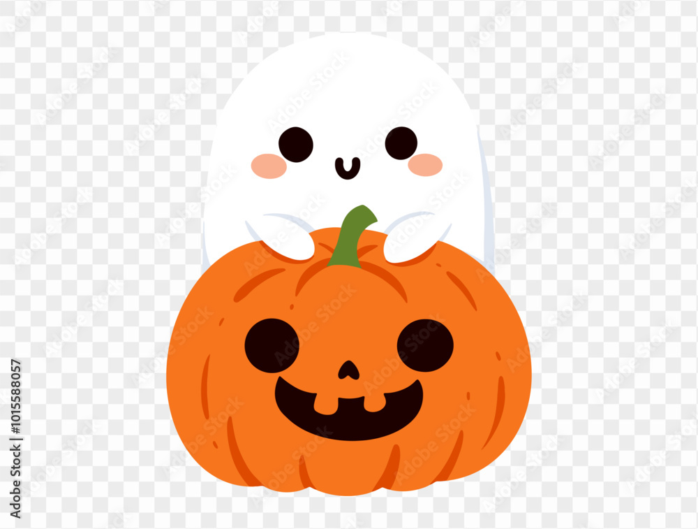 Fototapeta premium Happy cute smile ghost hug halloween pumpkin isolated on png or transparent background.Halloween party banner. vector
