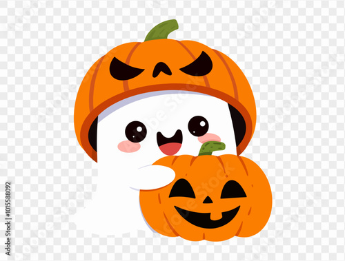 Happy cute smiling ghost  wear pumpkin helmet hug Halloween pumpkin isolated on png or transparent background,Halloween party banner, blank space for text, element template for poster, brochures. vect