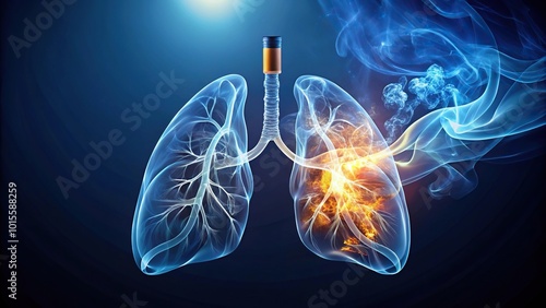 Glowing lungs contaminated with smoke and a smoking cigarette illustrating health risks macro