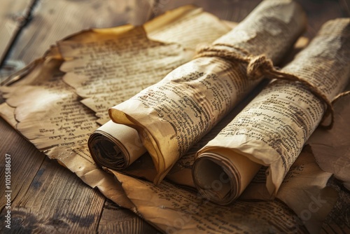 A scroll of paper with writing on it is open to a page with a wooden stick, generative ai image