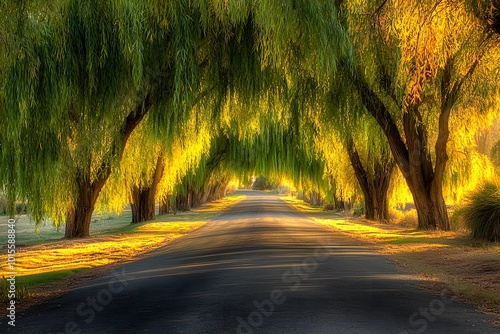 A long, straight road lined with weeping willow trees, bathed in the warm glow of the morning sun.