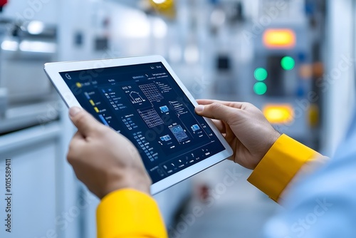 A worker in a factory uses a tablet to monitor production data.