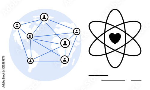 People icons connected over a world map, illustrating global social networking. On the right, an atomic symbol with a heart at the center. Ideal for science, technology, connectivity, community