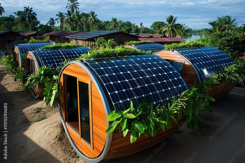 Futuristic depiction of rural communities using solar-powered tech, but ...