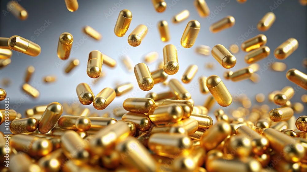 Gold pills flying at tilted angle Gold pills flying at tilted angle