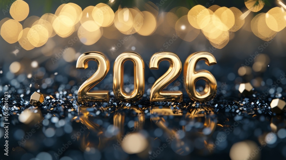 Glowing golden numbers 2026 stand boldly amidst shimmering sparkles and festive lights. The bokeh background creates a celebratory mood, ideal for New Year, holiday, or event promotion visuals. Glowing golden numbers 2026 stand boldly amidst shimmering sparkles and festive lights. The bokeh background creates a celebratory mood, ideal for New Year, holiday, or event promotion visuals.