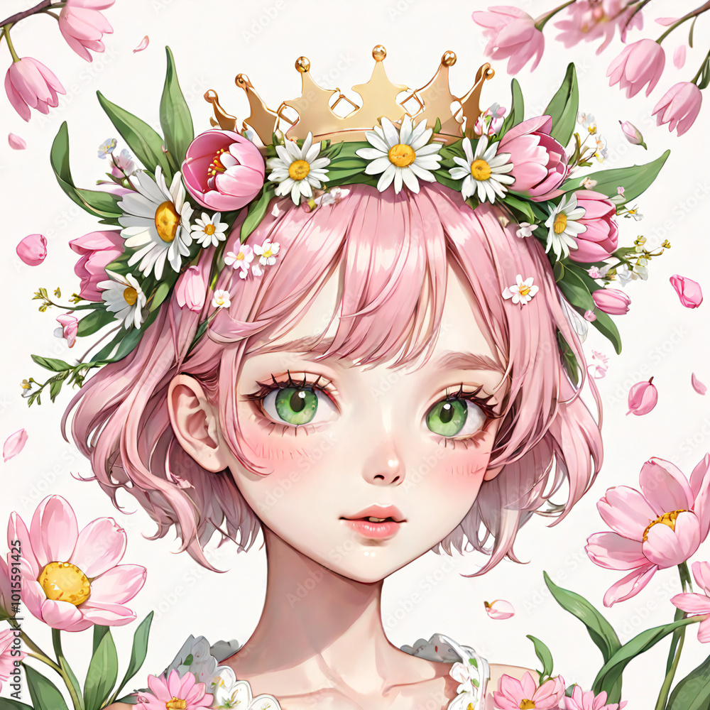 Naklejka premium 花の冠をかぶる少女
