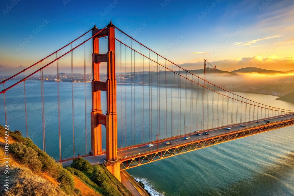 Fototapeta premium Golden Gate Bridge north tower in morning light from Marin side aerial view